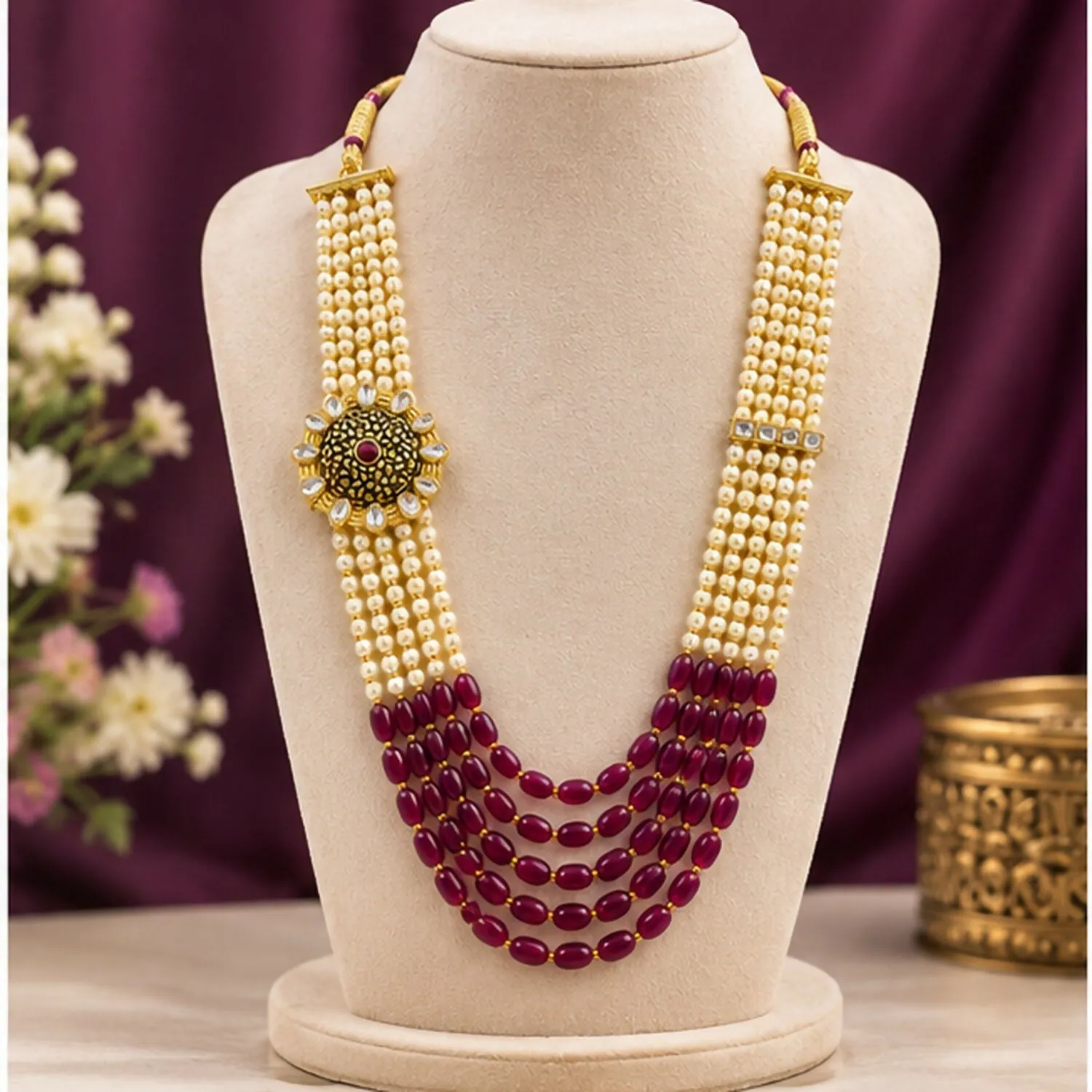 Premium Pearl Beaded Ruby Stone Layered Necklace Set with Antique Pendant Design - Buy Online at Alikart