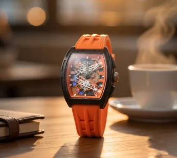 Orange Skeleton Dial Watch for Men Tonneau Shape Sports Analog with Silicone Strap
