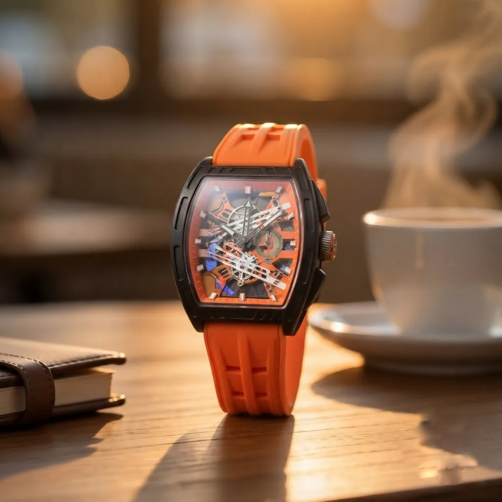 Premium Orange Skeleton Dial Watch for Men Tonneau Shape Sports Analog with Silicone Strap - Buy Online at Alikart