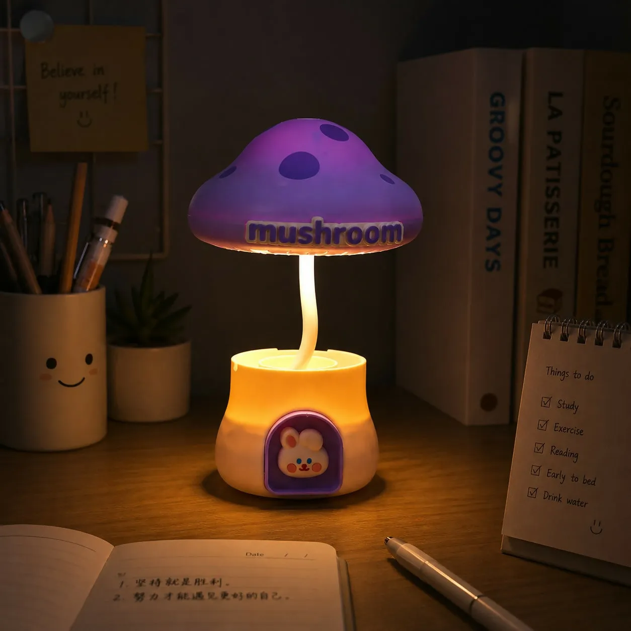 Premium Purple Cute Mushroom LED Desk Lamp with Pencil Holder & Sharpener for Kids - Buy Online at Alikart