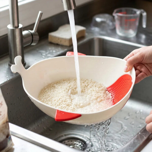 Fish Shape Rice Drainer Bowl with Built In Strainer and Handles (1 Pc)