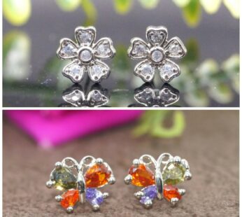 Flower & Butterfly Stud Earrings – Dainty Silver Tone Set of 2