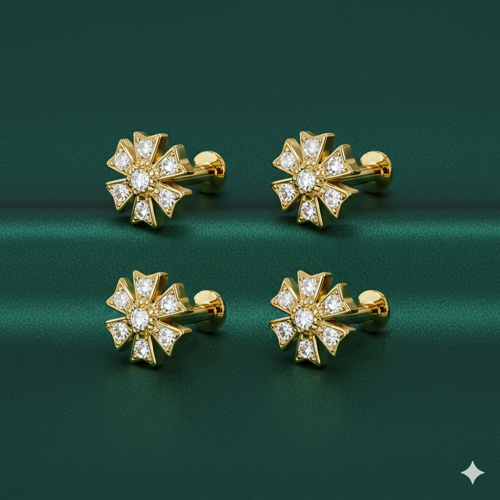 Flower Diamond Flat Back Stud Earrings – Combo Pack of 2 Pairs
