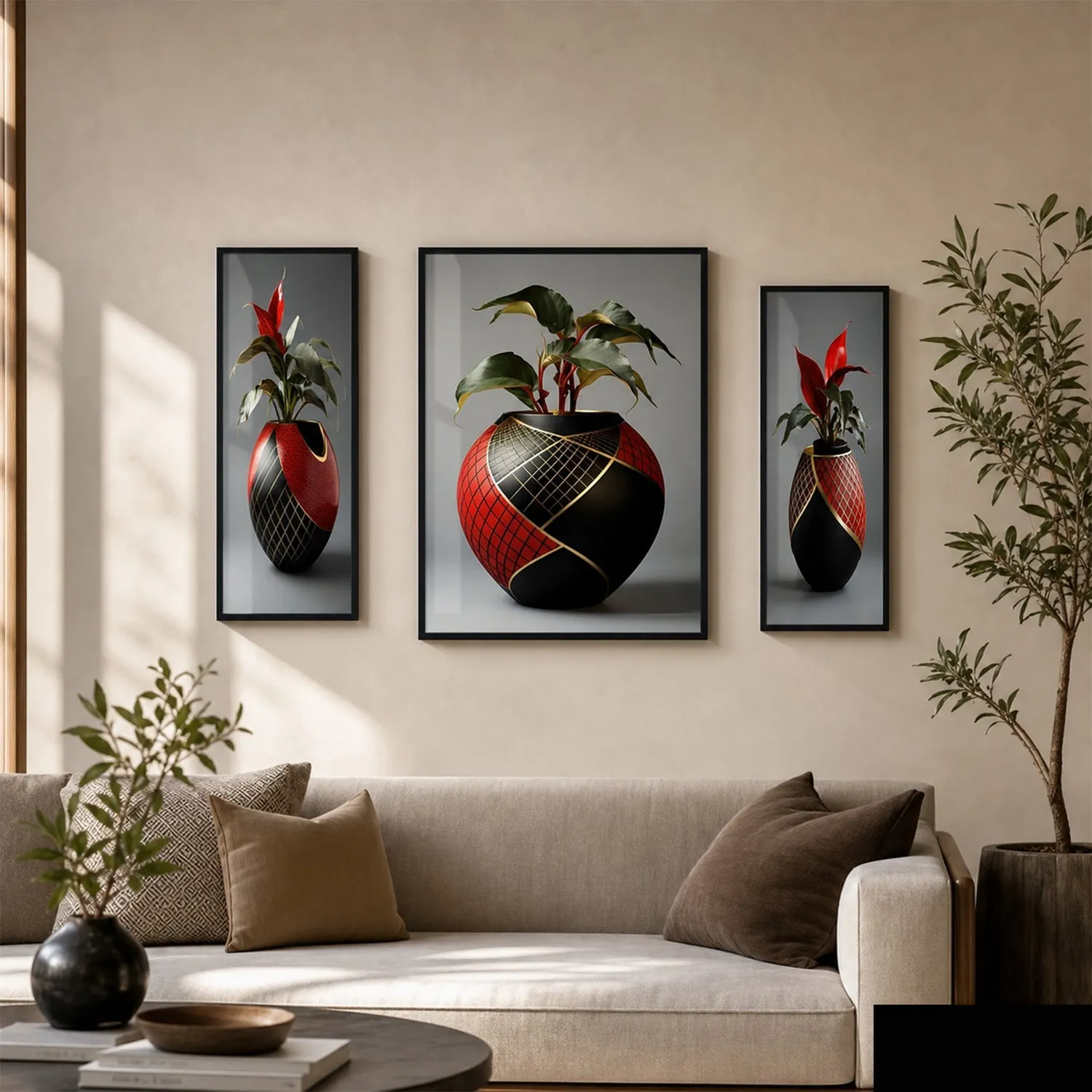 Flower Vase Wall Art – Vibrant Floral 3-Panel MDF Frame - Detailed Feature View 2