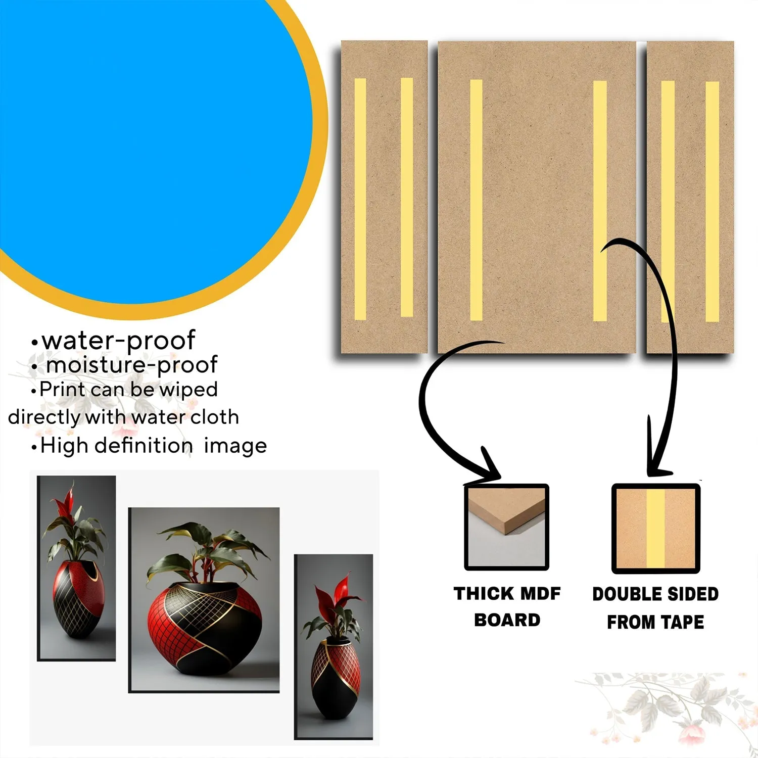 Flower Vase Wall Art – Vibrant Floral 3-Panel MDF Frame - Detailed Feature View 5
