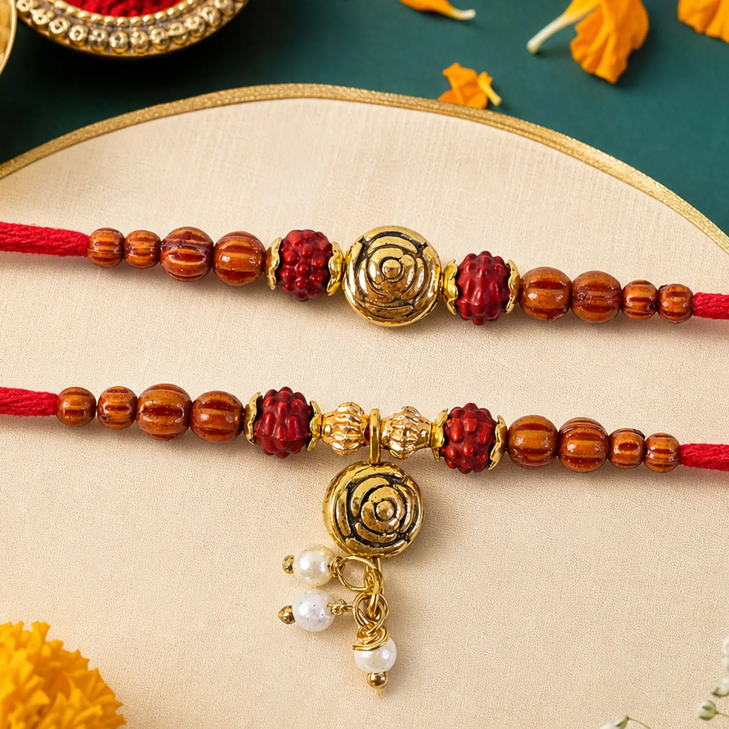 Premium Floral Rose Design Bhai Bhabhi Rakhi with Spiral Rose and Pearl Tassel for Gifting - Buy Online at Alikart
