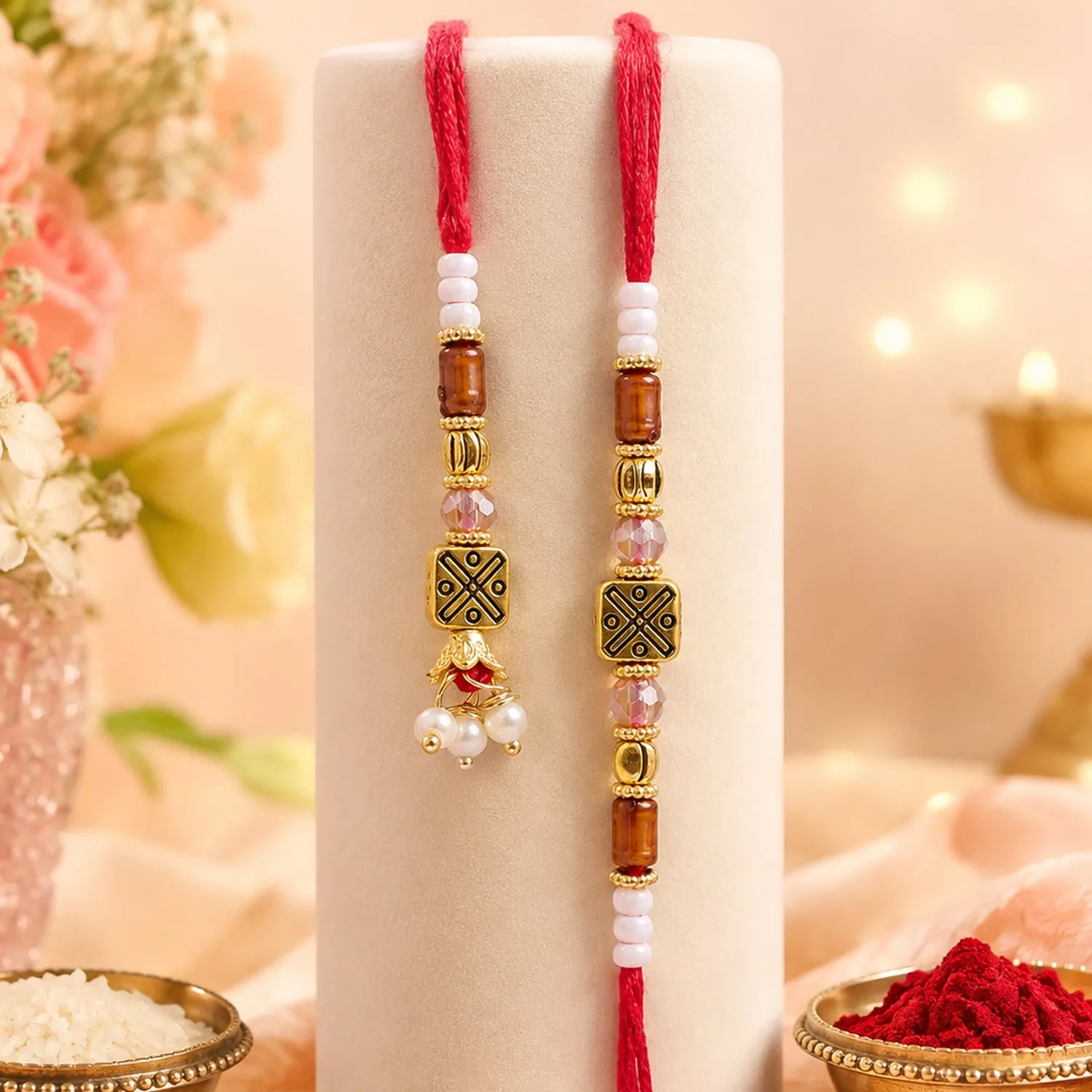 Premium Geometric Square Bhai Bhabhi Rakhi with Square Lattice Charm and Beads for Gifting - Buy Online at Alikart