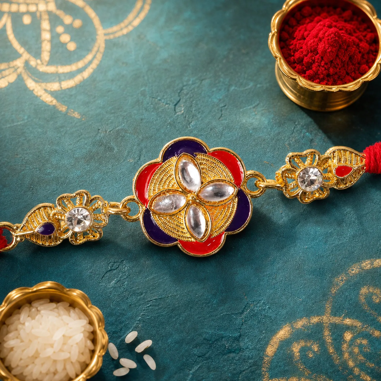 Premium Ornate Rakhi with Floral Medallion, multicolor stones and display look for Gift Use - Buy Online at Alikart