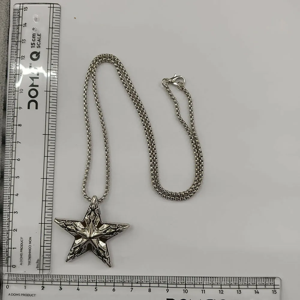 Silver Star Pendant Necklace for Men with Engraved Texture Design and Box Chain - Detailed Feature View 3