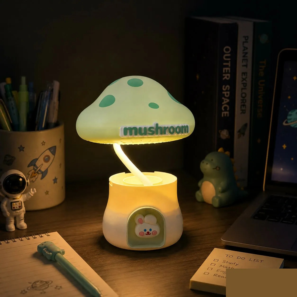 Premium Green Cute Mushroom LED Study Lamp with USB Rechargeable Pencil Holder - Buy Online at Alikart