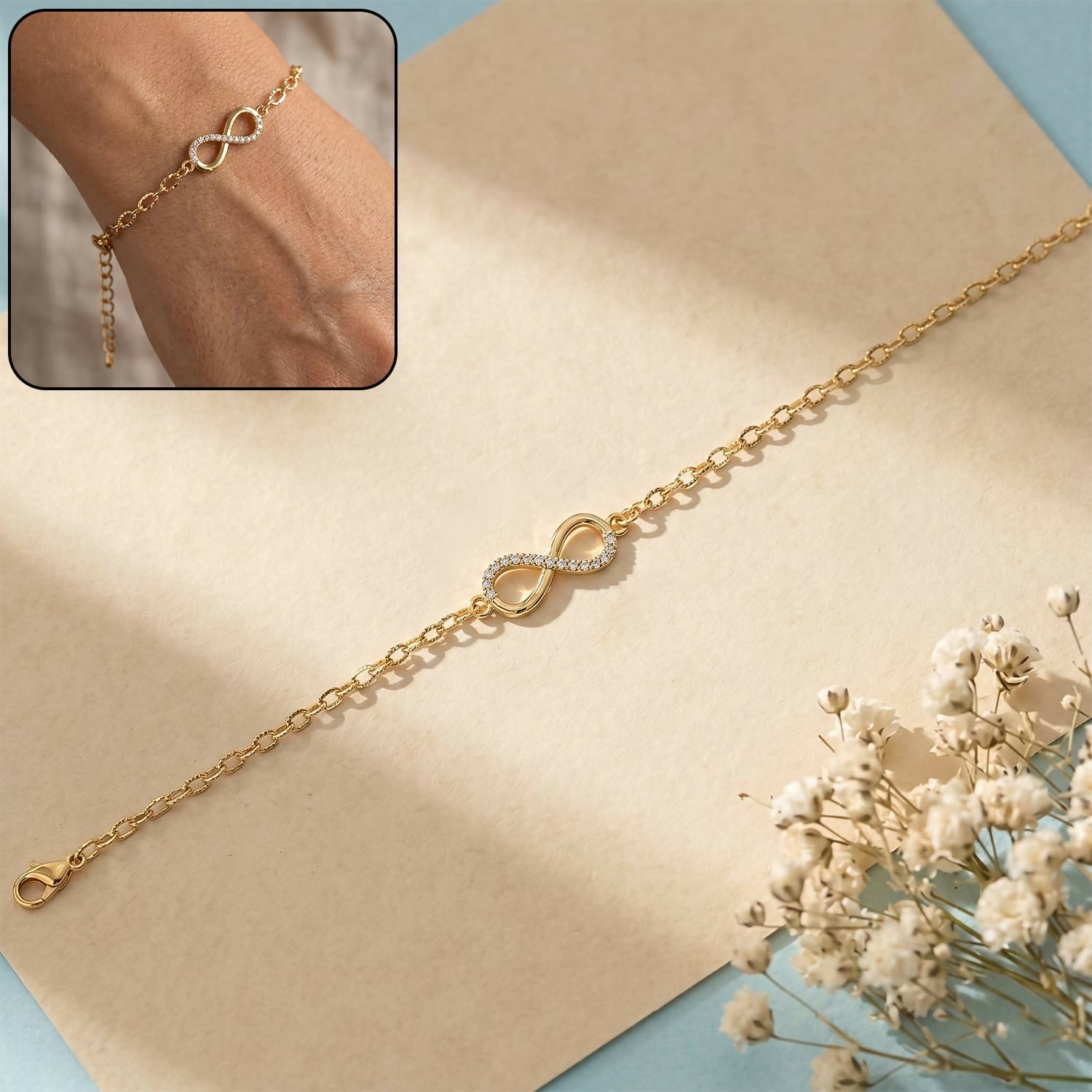 Gold Infinity Bracelet with Heart Charm – Elegant & Adjustable Fit - Detailed Feature View 4