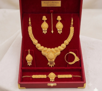 Gold Plated Bridal Jewellery Set Leaf Necklace Earrings Maang Tikka Nath Bracelet