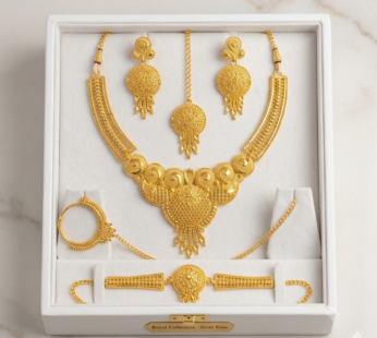 Gold Plated Bridal Jewellery Set Necklace Earrings Maang Tikka Nath with Bracelet