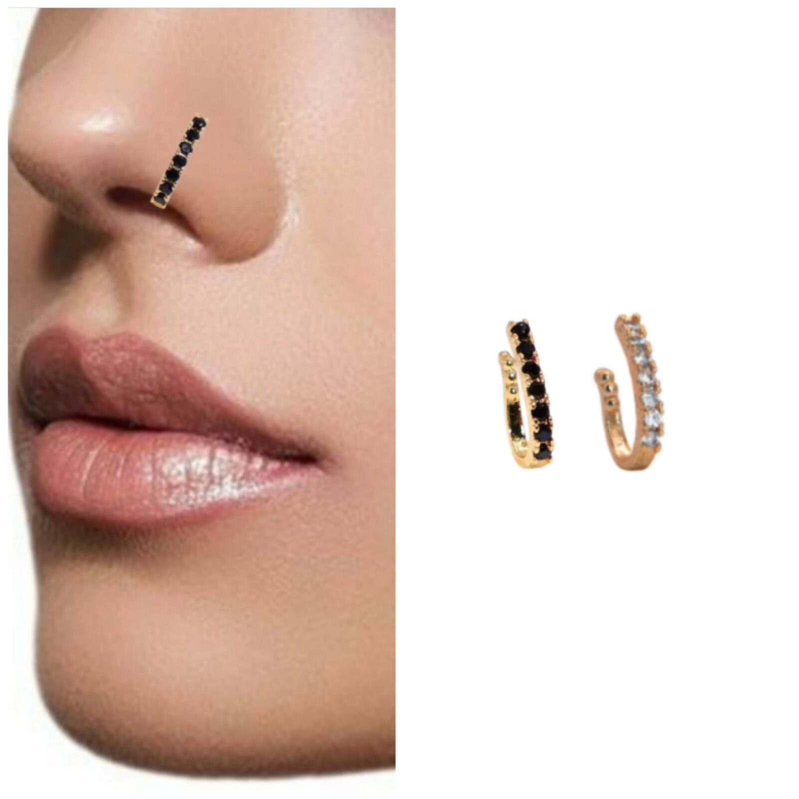 Gold Plated Dual Gem Huggie Earrings – Clear & Black CZ Pair