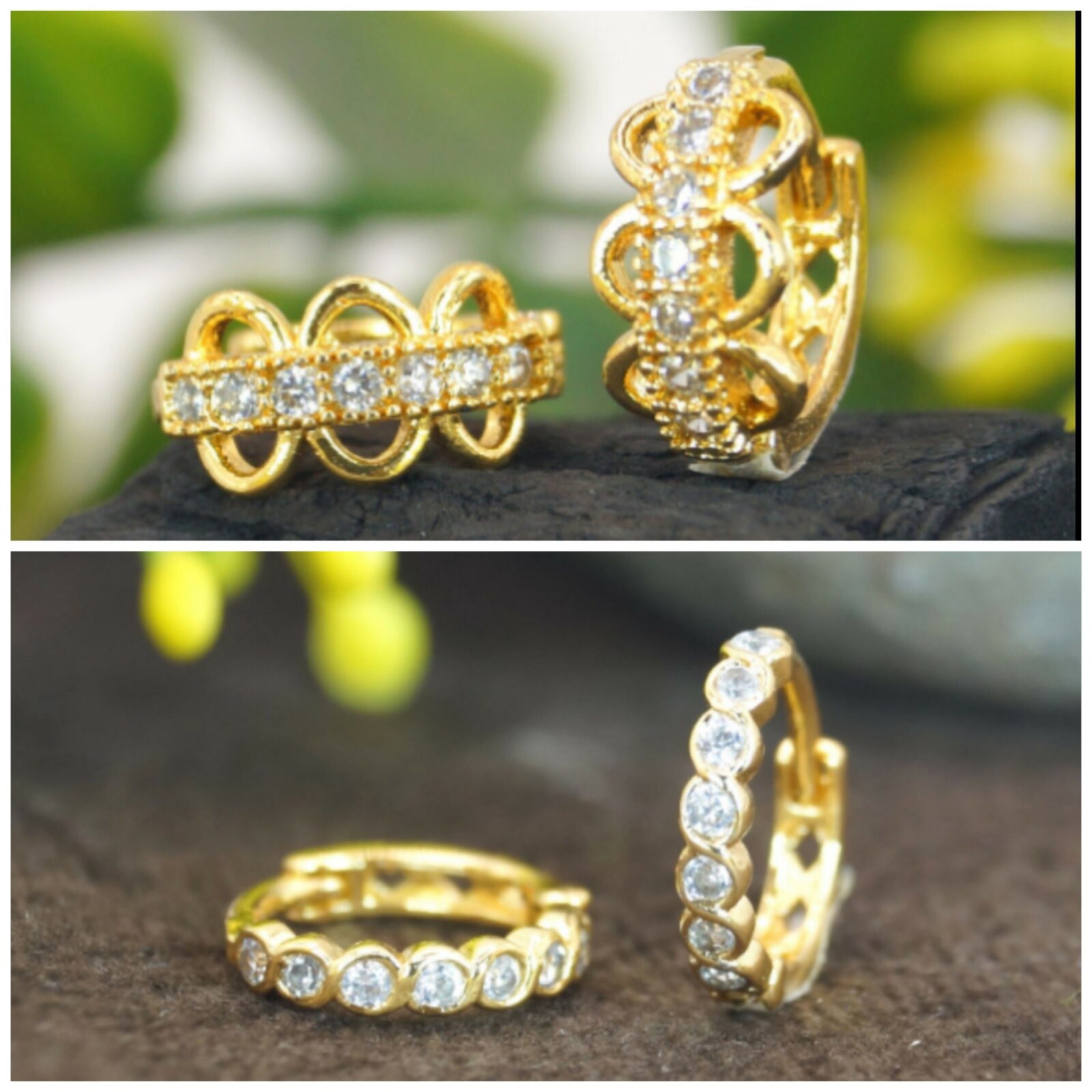 Gold Plated Huggie Hoop Earrings – Double Row CZ & Triple Dangle