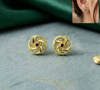 Gold Stud Earrings – Intricate Spiral Pattern with Red Stone