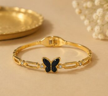 Gold Tone Black Butterfly Charm Bracelet with Crystal Accents for Women and Girls