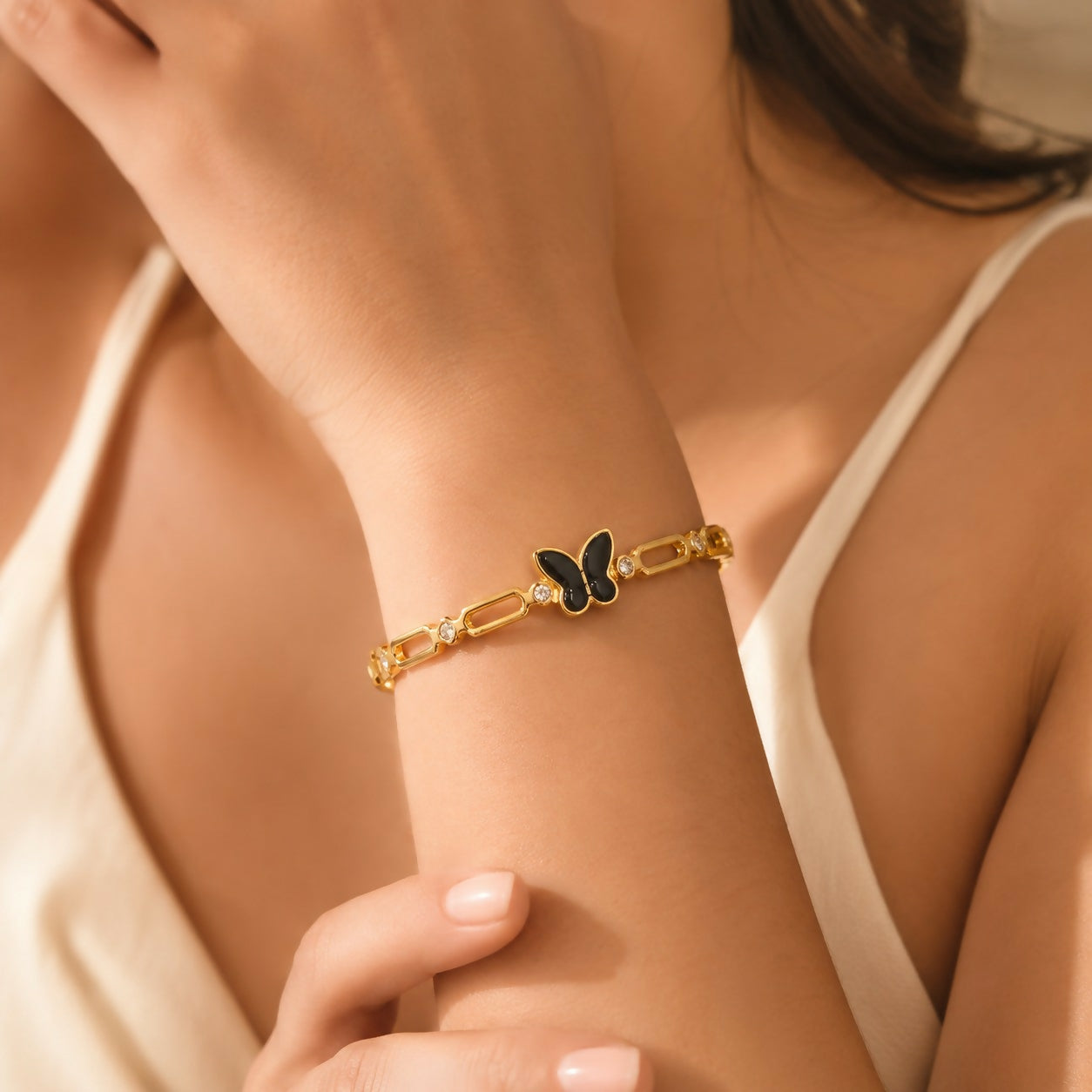 Gold Tone Black Butterfly Charm Bracelet with Crystal Accents for Women and Girls - Detailed Feature View 1
