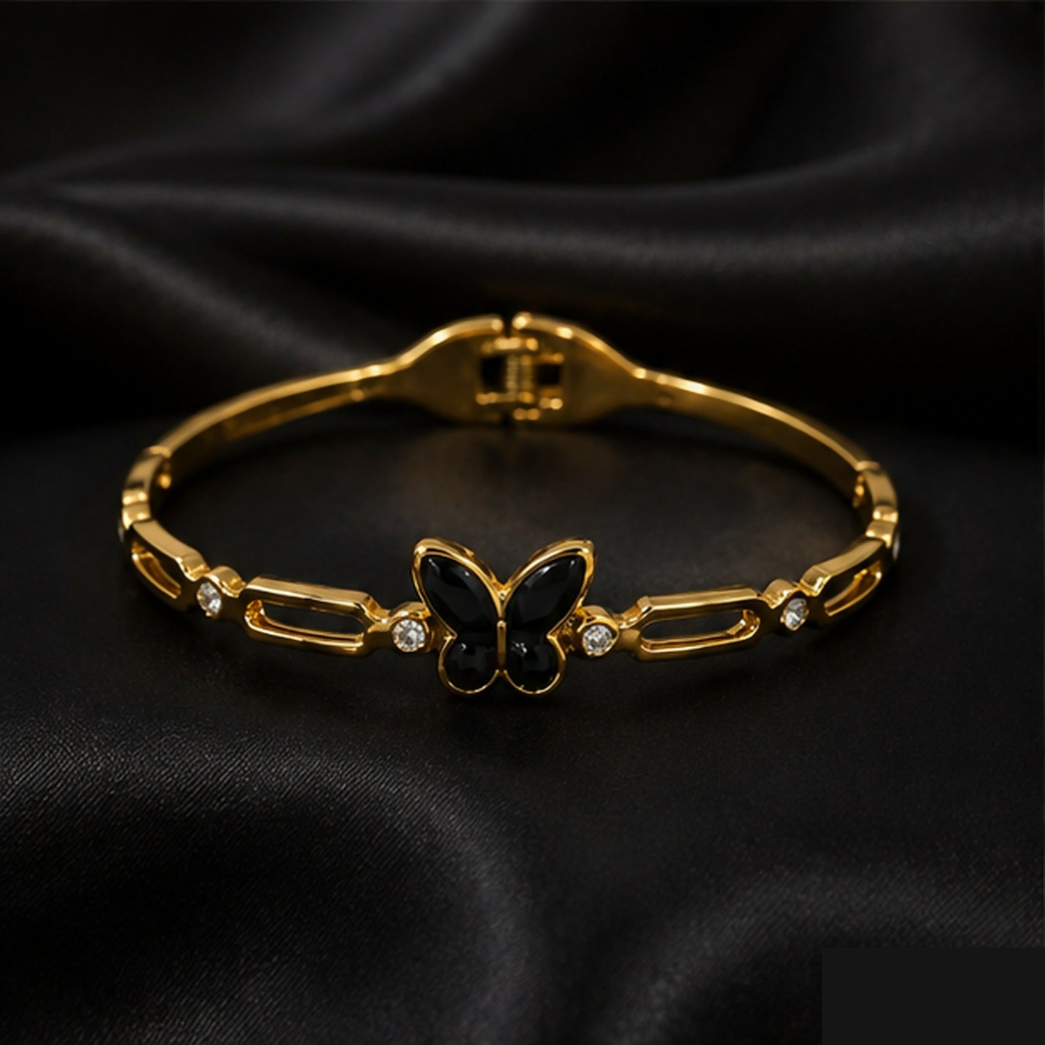 Gold Tone Black Butterfly Charm Bracelet with Crystal Accents for Women and Girls - Detailed Feature View 2