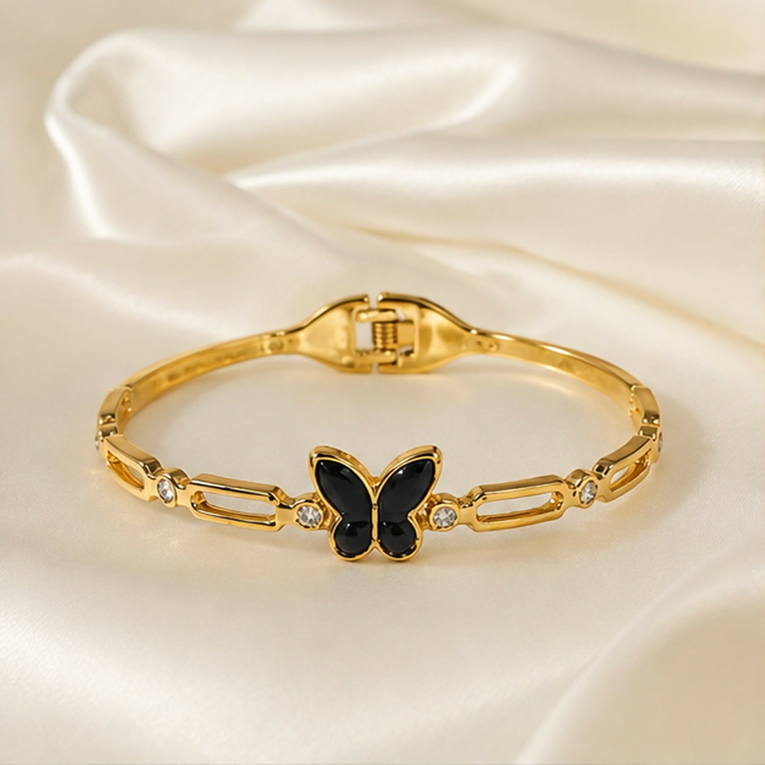 Gold Tone Black Butterfly Charm Bracelet with Crystal Accents for Women and Girls - Detailed Feature View 3