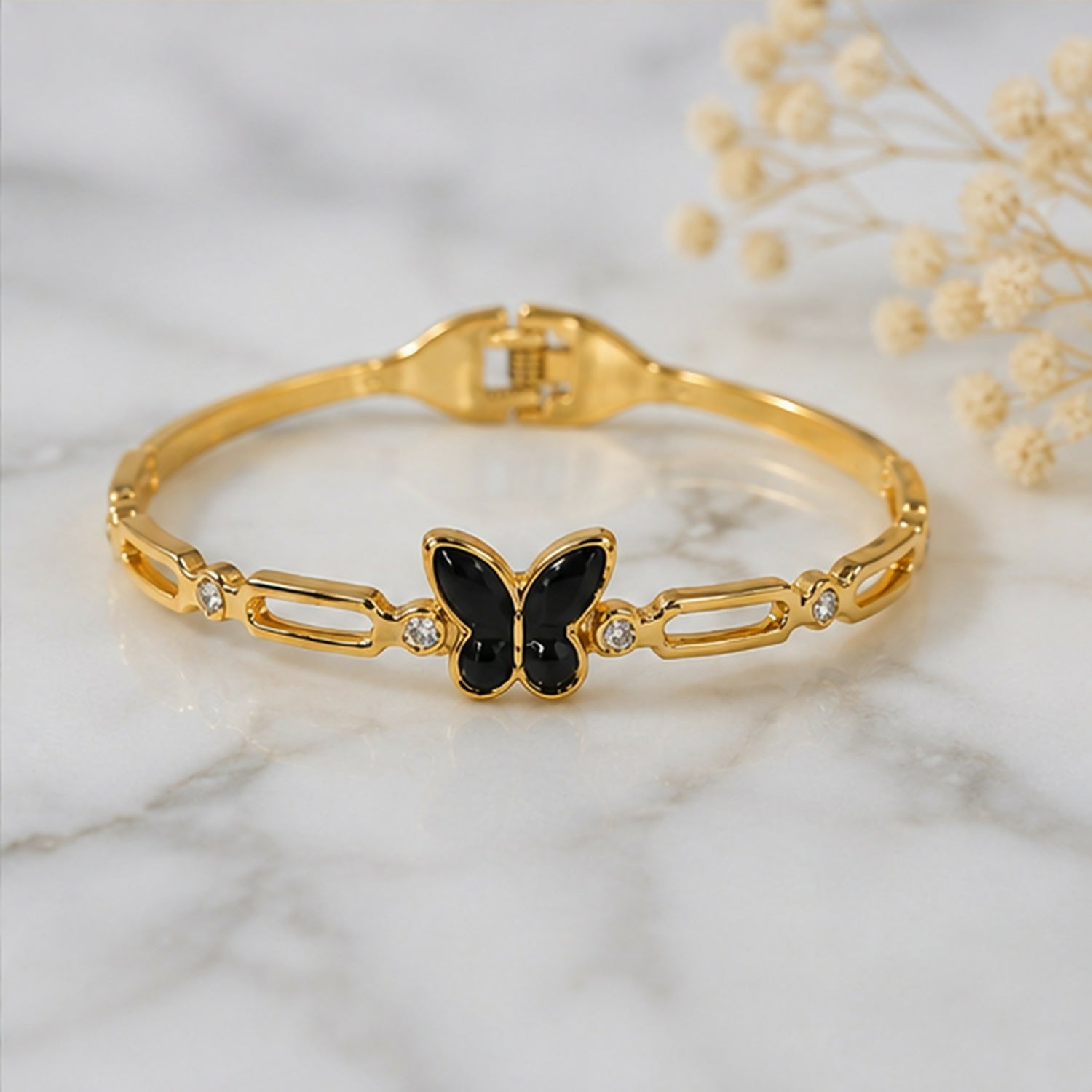 Gold Tone Black Butterfly Charm Bracelet with Crystal Accents for Women and Girls - Detailed Feature View 5