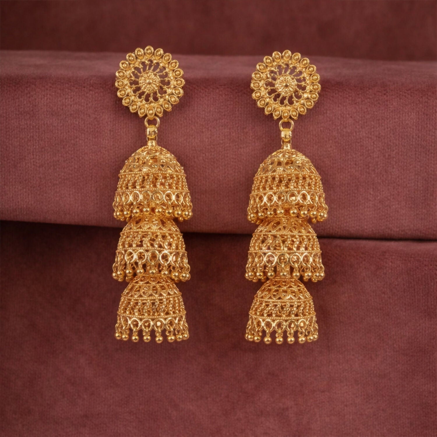 Gold Tone Triple Layer Jhumka Earrings – Ethnic Traditional Jewelry
