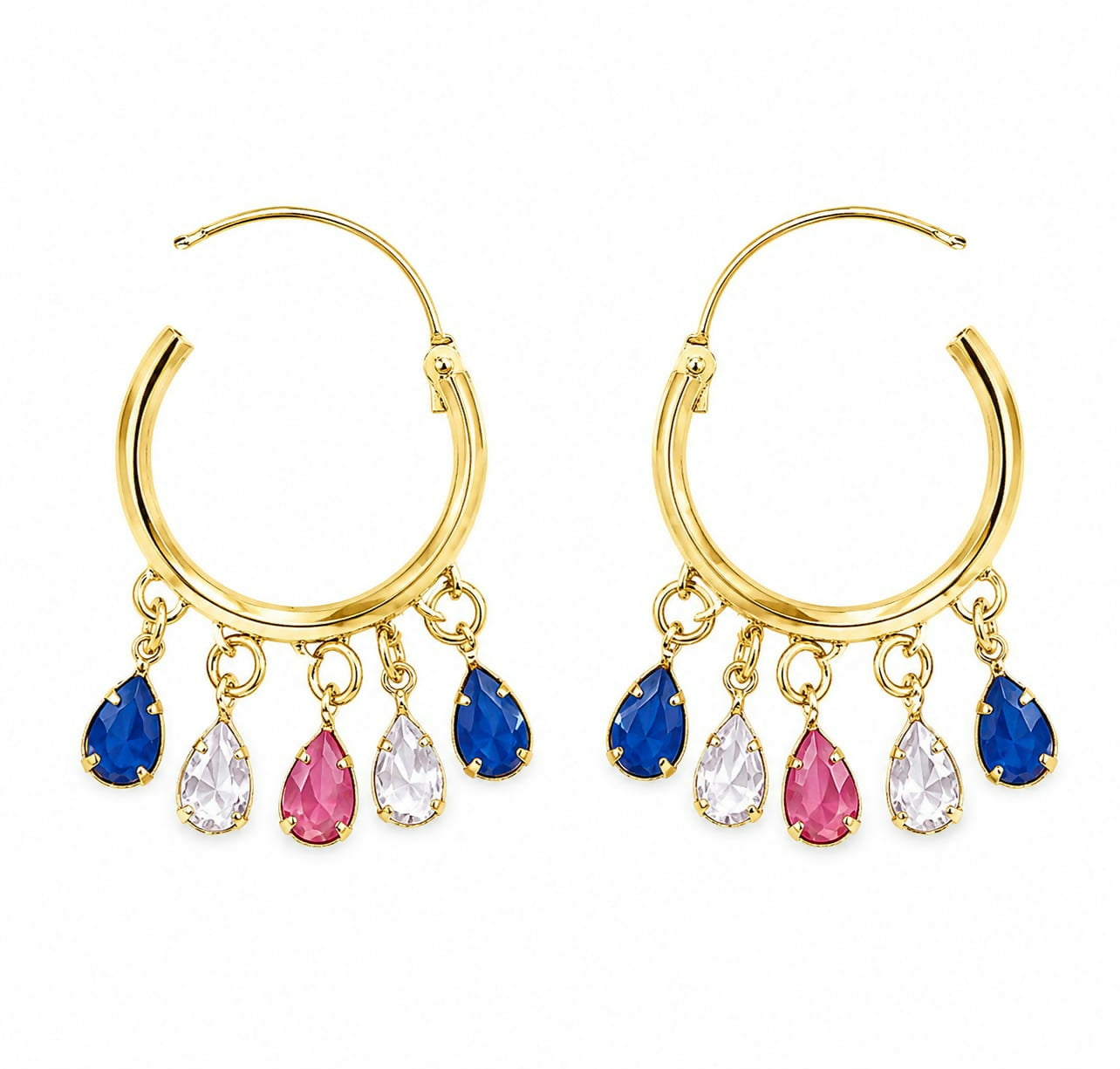 Golden Hoop Bali Earrings with Multi-Color Sapphire, Ruby & Diamond CZ Teardrop Fringe - Detailed Feature View 1