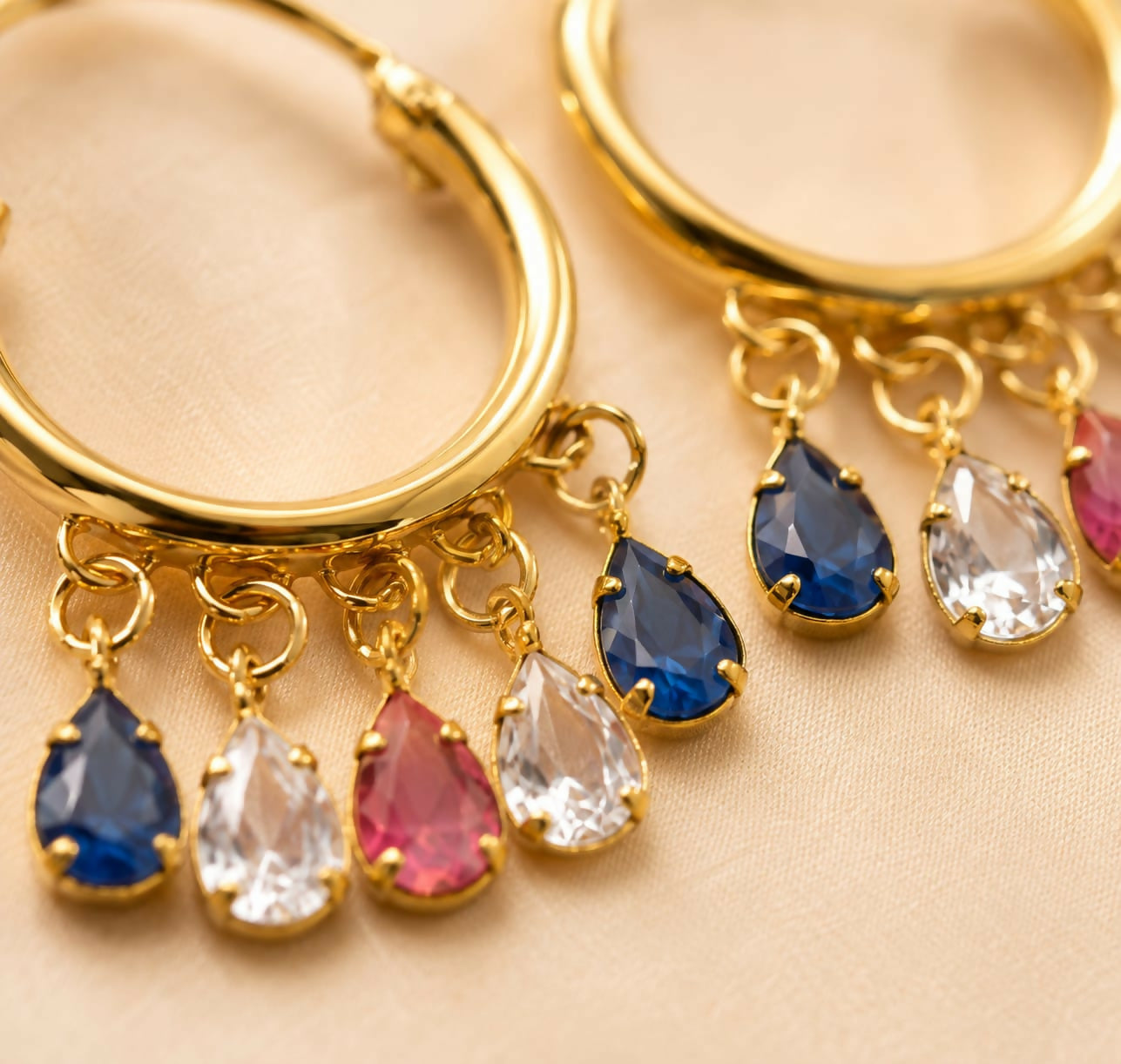 Golden Hoop Bali Earrings with Multi-Color Sapphire, Ruby & Diamond CZ Teardrop Fringe - Detailed Feature View 2
