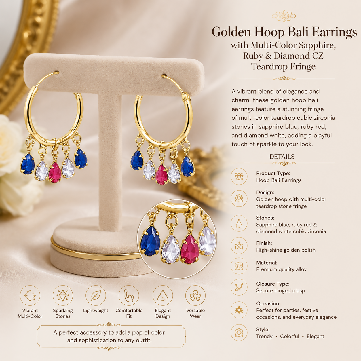 Golden Hoop Bali Earrings with Multi-Color Sapphire, Ruby & Diamond CZ Teardrop Fringe - Detailed Feature View 3