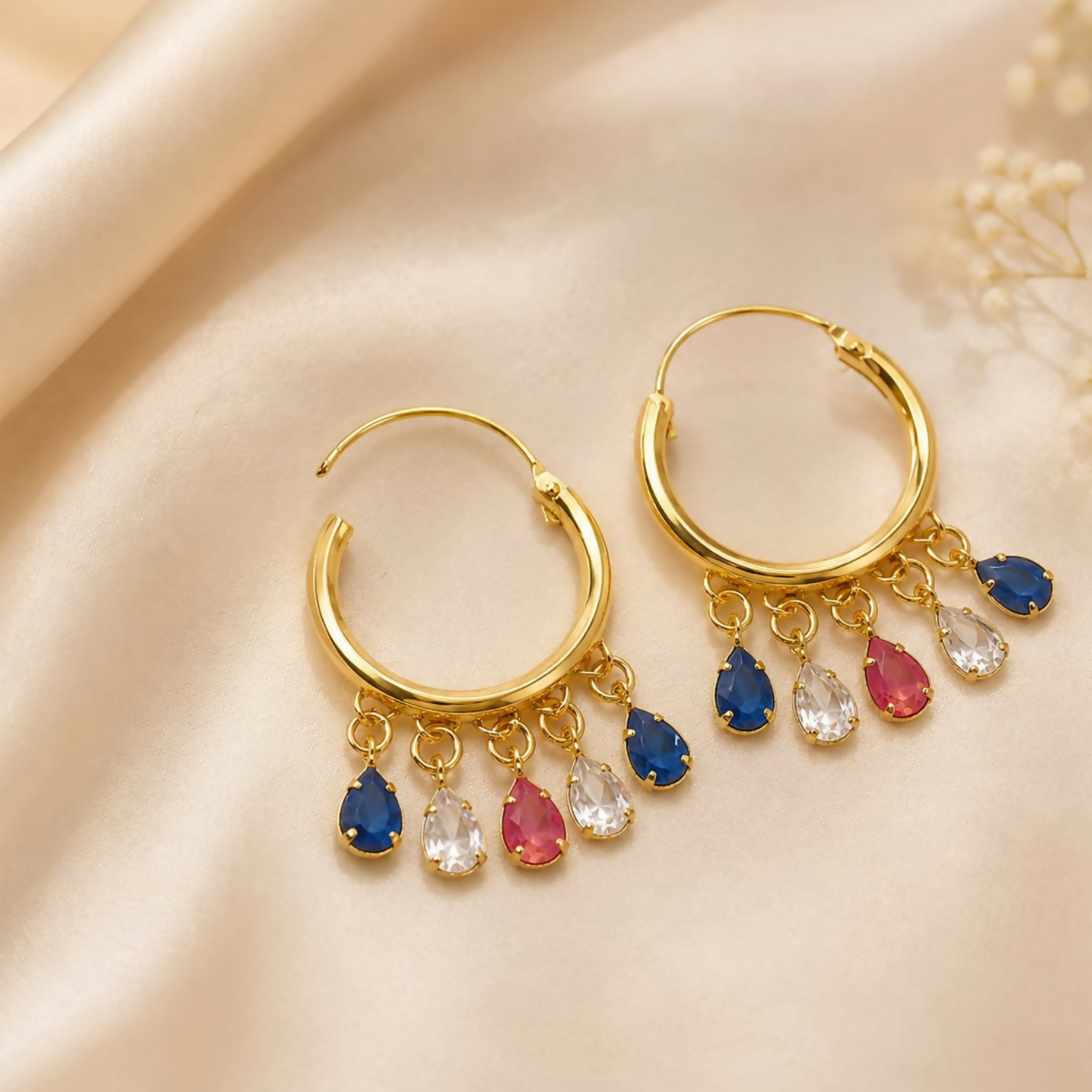 Golden Hoop Bali Earrings with Multi-Color Sapphire, Ruby & Diamond CZ Teardrop Fringe - Detailed Feature View 4
