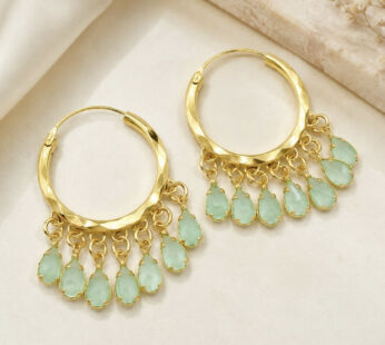 Golden-Plated Faceted Hoop Bali Earrings with Mint Green Teardrop Crystal Fringe