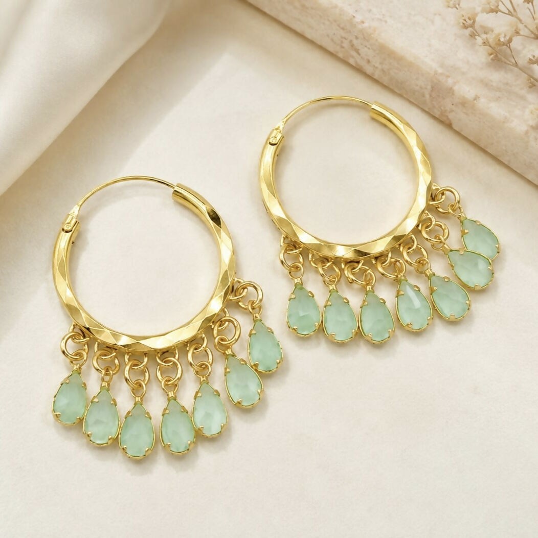Golden-Plated Faceted Hoop Bali Earrings with Mint Green Teardrop Crystal Fringe