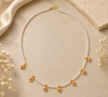 Golden-Plated Pearl Dokiya Necklace – Floral CZ & Ruby Pink Charm Short Mala (IMITATION JEWELLERY)