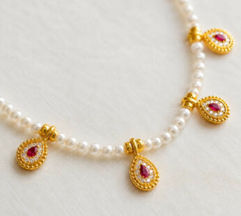 Golden-Plated Pearl Dokiya Necklace – Ruby Red & CZ Charm Short Mala (IMITATION JEWELLERY)