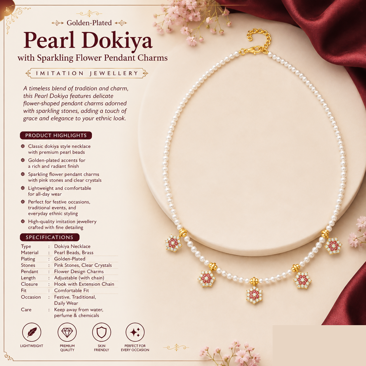 Golden-Plated Pearl Dokiya with Sparkling Flower Pendant Charms - IMITATION JEWELLERY - Detailed Feature View 3