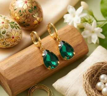 Graceful Emerald Green Teardrop Crystal Earrings with Gold Tone Hoops for Women