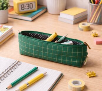 Green Grid Printed Pencil Pouch – Stylish & Compact Organizer