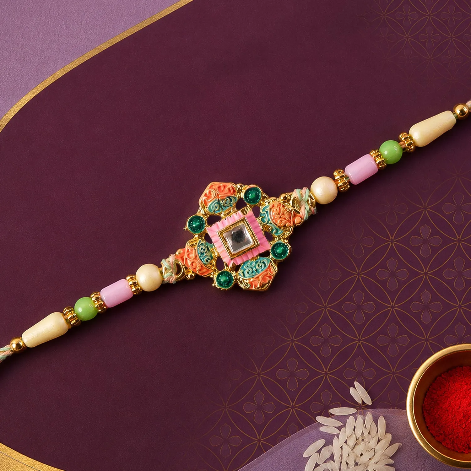 Premium Graceful Rakhi with Square Floral Medallion and bead line in chain look for Gift Use - Buy Online at Alikart