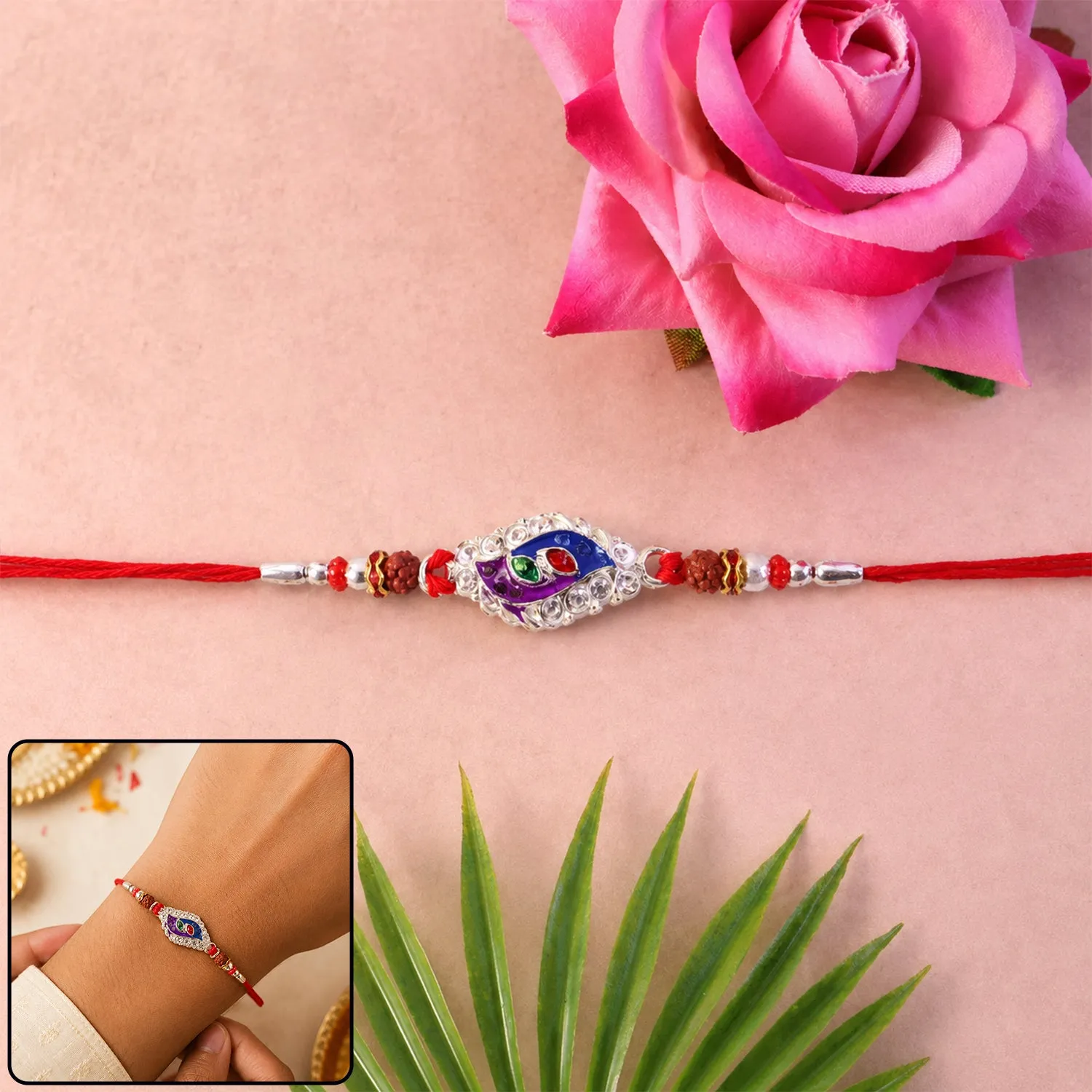 Blue Mor Enamel Rakhi with Silver Beads and Red Thread