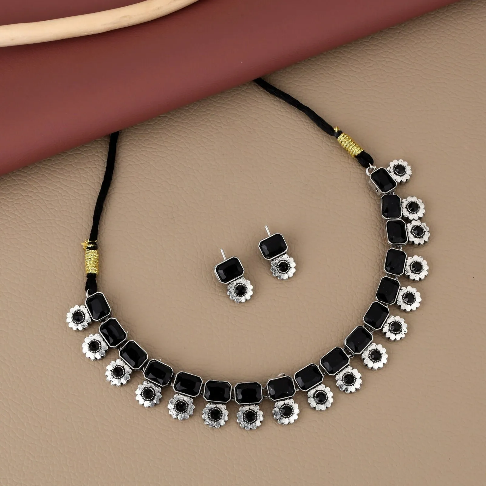 Premium Silver-Toned Choker Set with Black Gemstones – Bold & Elegant - Buy Online at Alikart