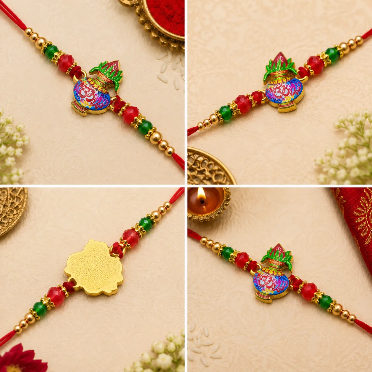 Spiritual Radha Krishna Metallic Rakhi for Brother with Peacock Feather Detail & Rhinestone Accents - Detailed Feature View 2