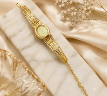 Royal Oval Gold-Plated Filigree Bracelet Watch – Vintage Floral & Stone-Studded Design