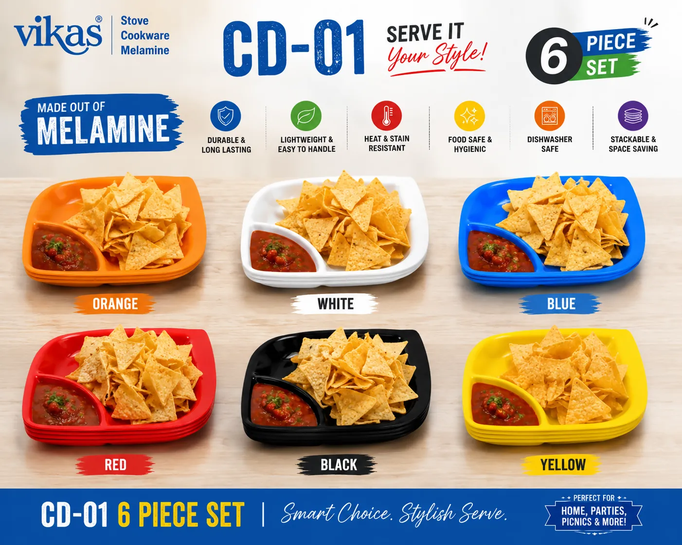 Melamine Chip & Dip Serving Tray Set – Vibrant and Durable for Anytime Snacking - Detailed Feature View 2
