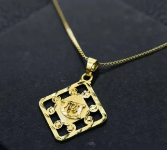Gold-Tone Temple Motif Square Pendant Necklace with Decorative Cutwork for Unisex