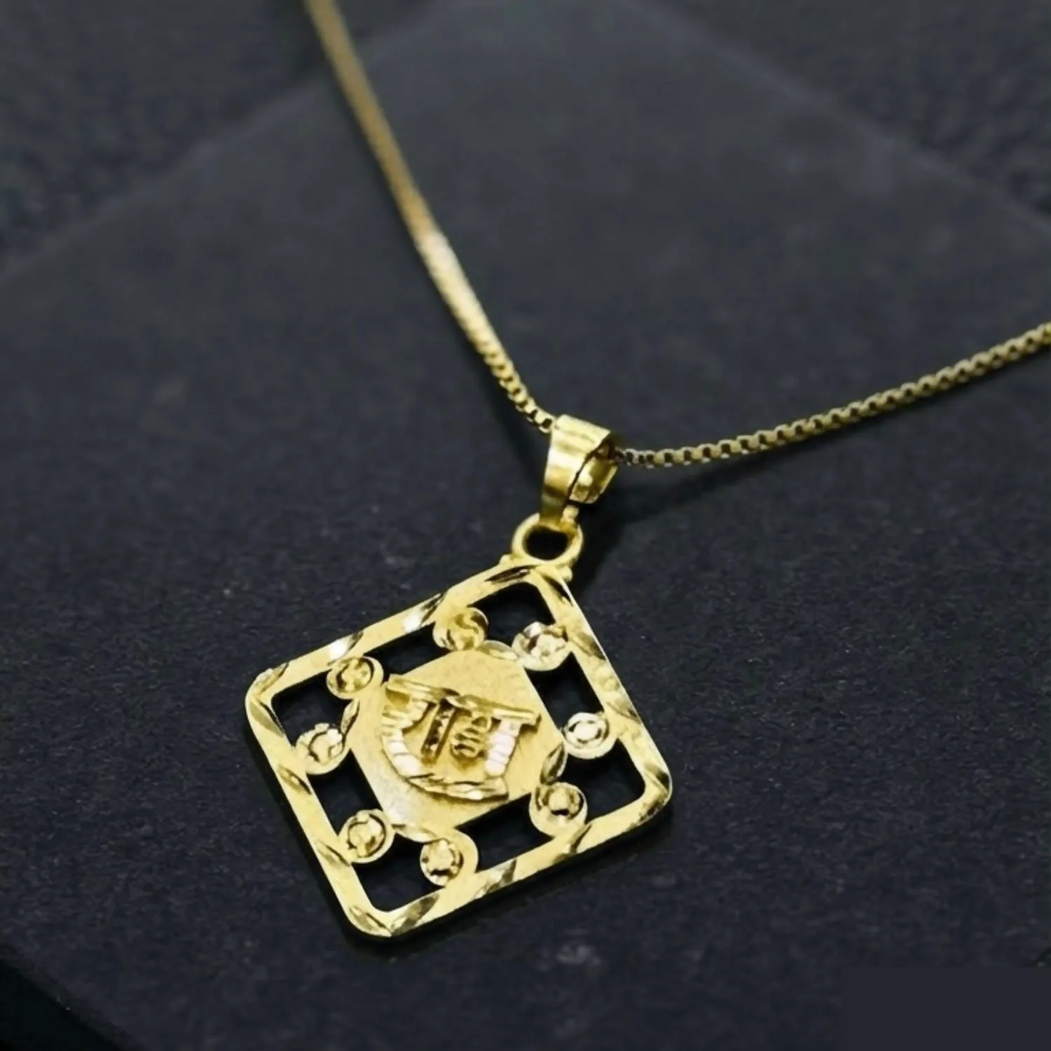 Premium Gold-Tone Temple Motif Square Pendant Necklace with Decorative Cutwork for Unisex - Buy Online at Alikart