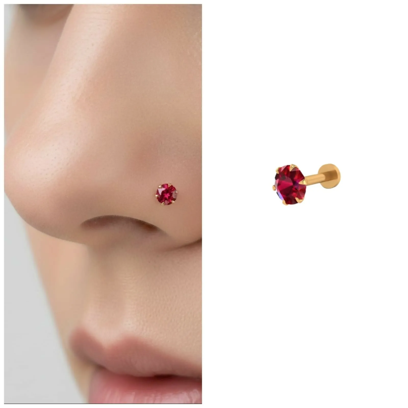 Premium Red Ruby Nosepin Stud – Elegant Gold Flat Back Labret Piercing - Buy Online at Alikart