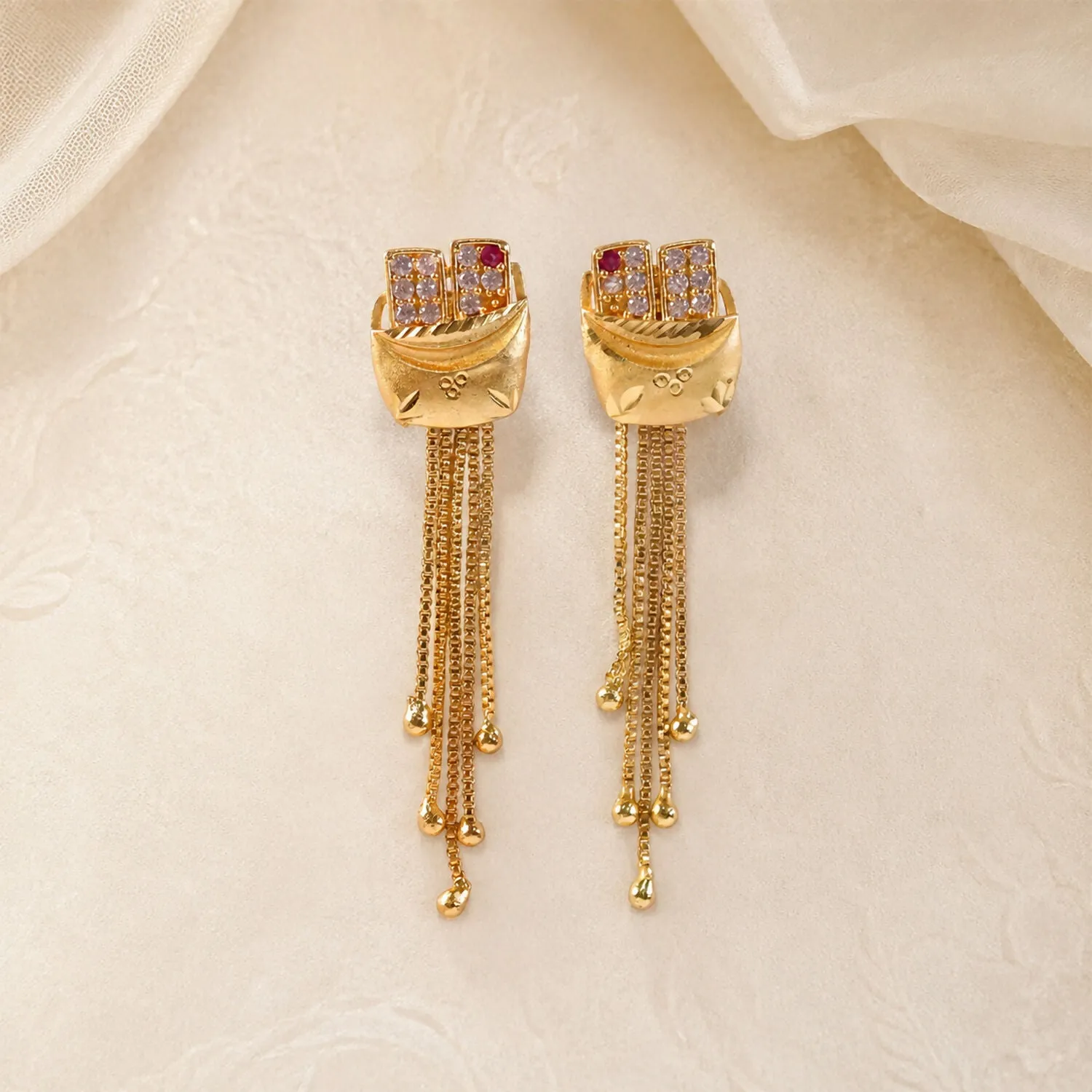 Gold Plated Boat Shape Textured Dangle Earrings with Multi Chain Tassel Drop Design - Detailed Feature View 1