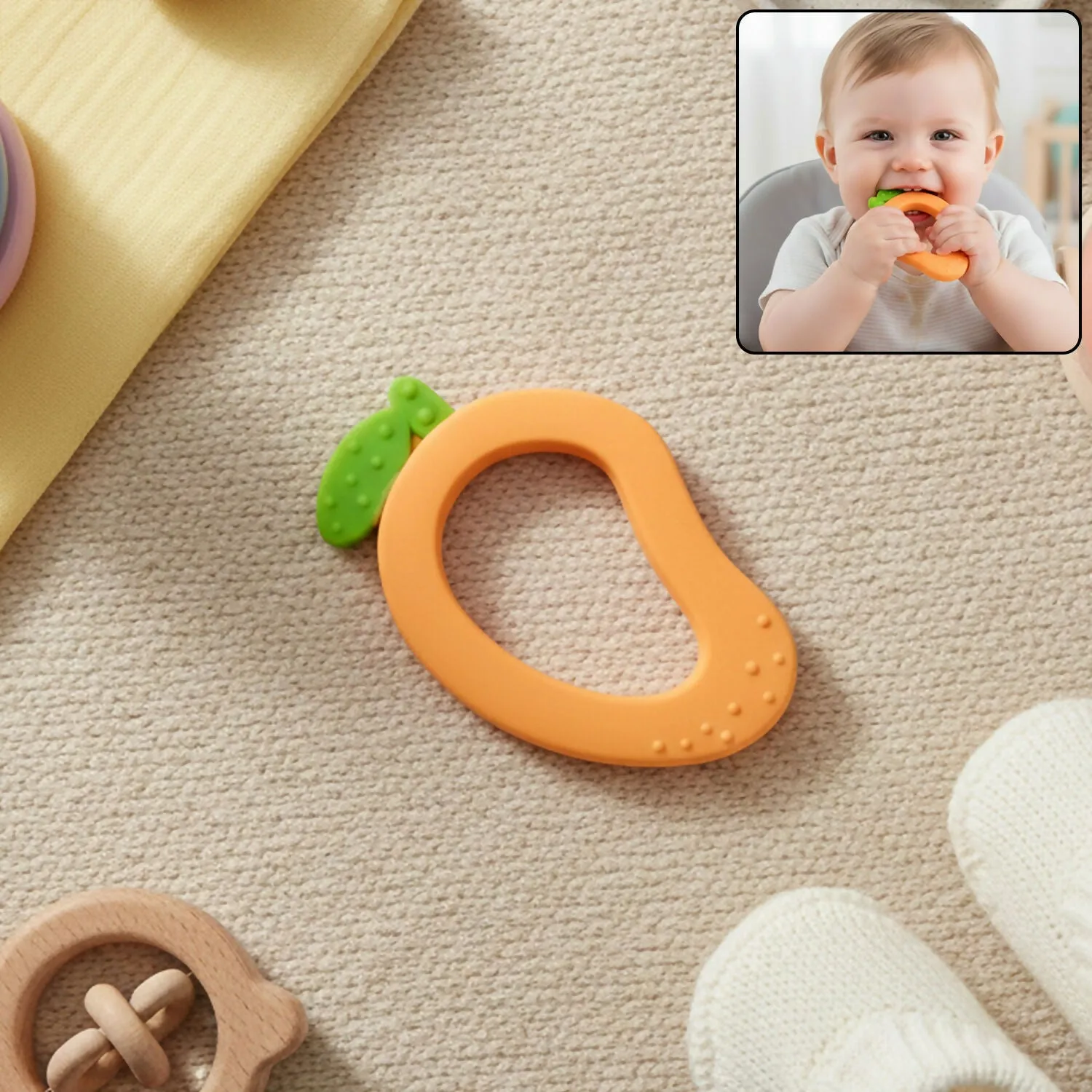 Premium Silicone Baby Teether – Mango Shape for Soothing Relief - Buy Online at Alikart