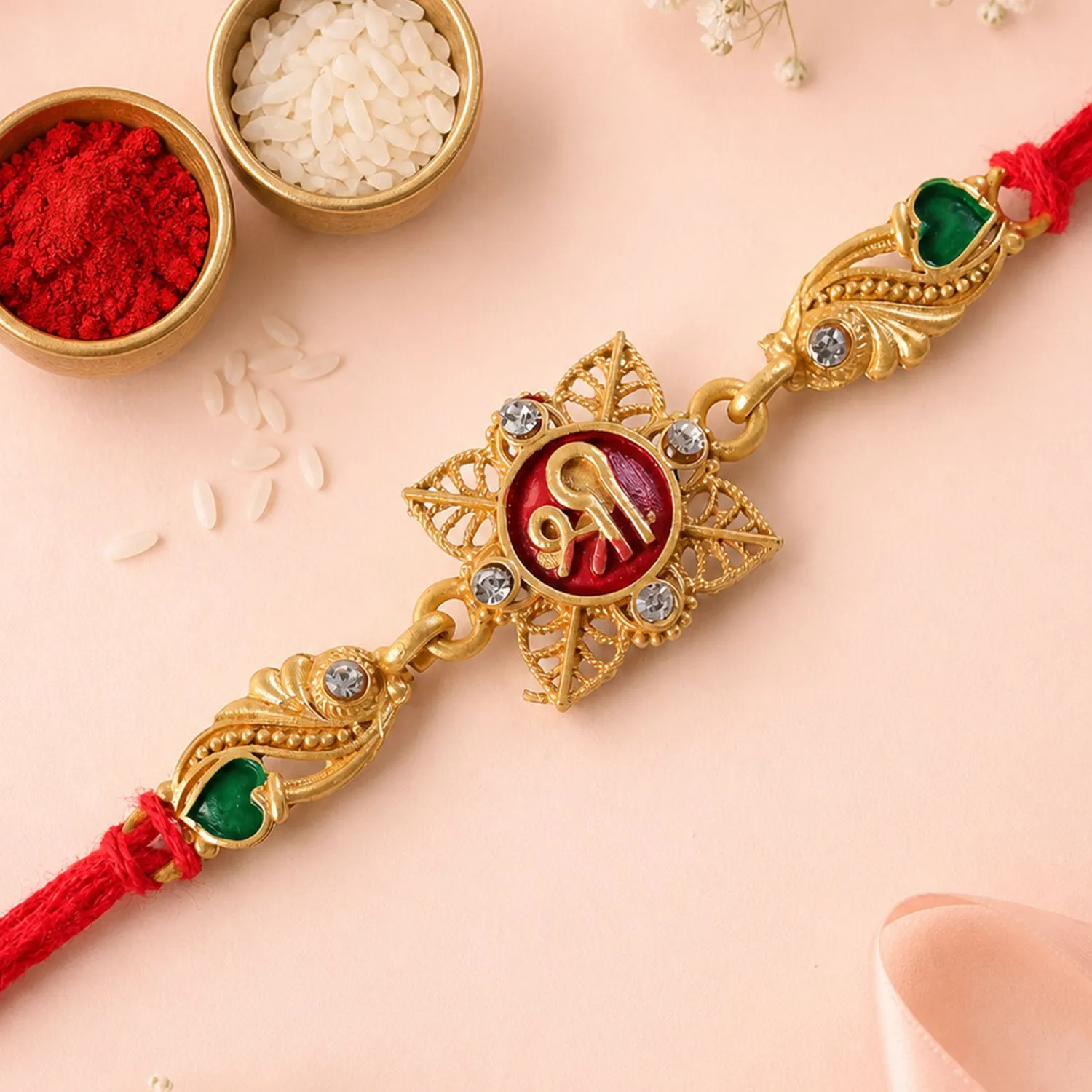 Classic Rakhi with Shri Plaque, ornate work and thread style for Product Display - Detailed Feature View 1