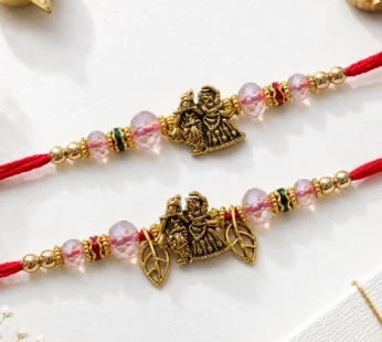 Religious Deity Bhai Bhabhi Rakhi with Radha-Krishna Motif and Leaf Charms for Gift